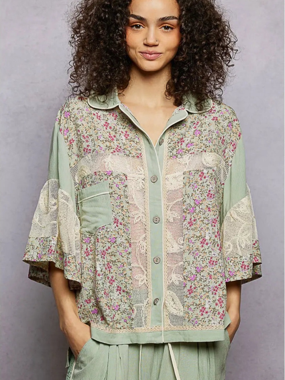 POL Sage Green Floral Lace Panel Button-Front Top